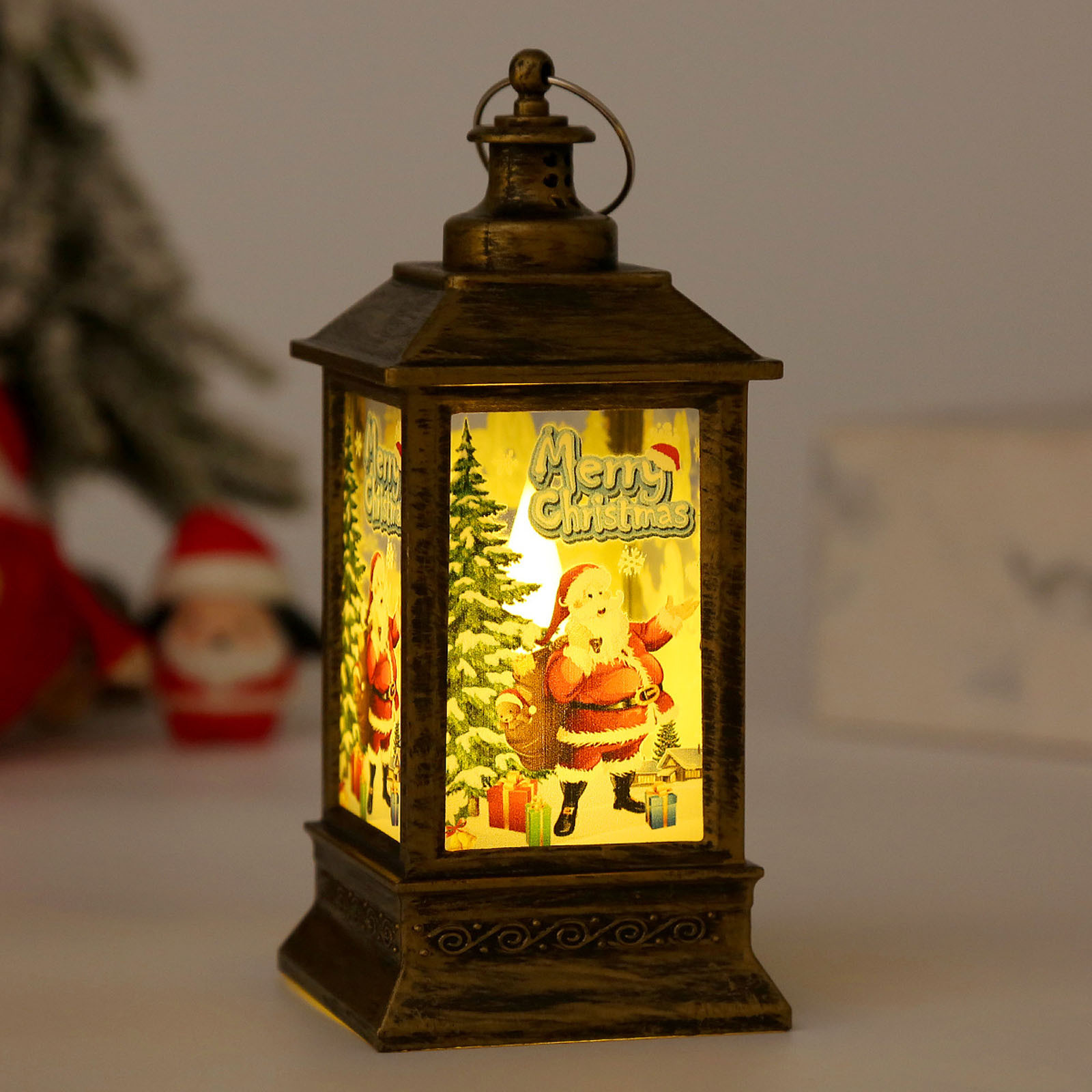 Comefolife Christmas Mini LED Lanterns, Christmas Candle Lanterns, Hanging Lanternswith Santa Snowman Reindeer, Christmas Tree Home Decor, Outdoor and Indoor (Santa Claus) (Black)